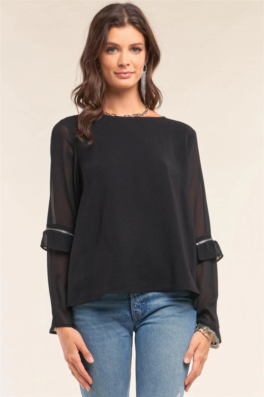 Black Crew Neck Loose Fit Long Sleeve Zipper Ruffle Trim Detail Blouse /1-2-2-1 - Tasha Apparel Wholesale