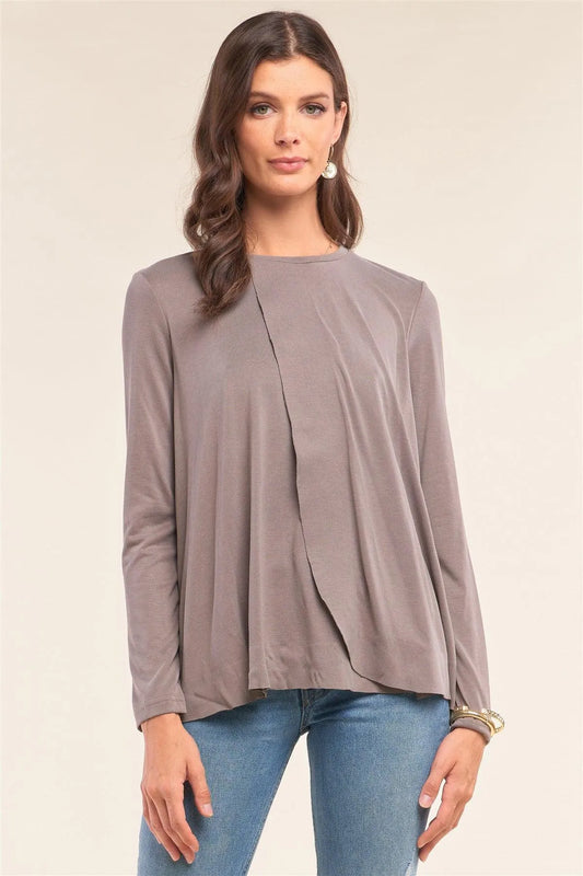Stone Grey Loose Fit Long Sleeve Crew Neck Wrap Front Raw Hem Detail Top /1-2-2-1 - Tasha Apparel Wholesale