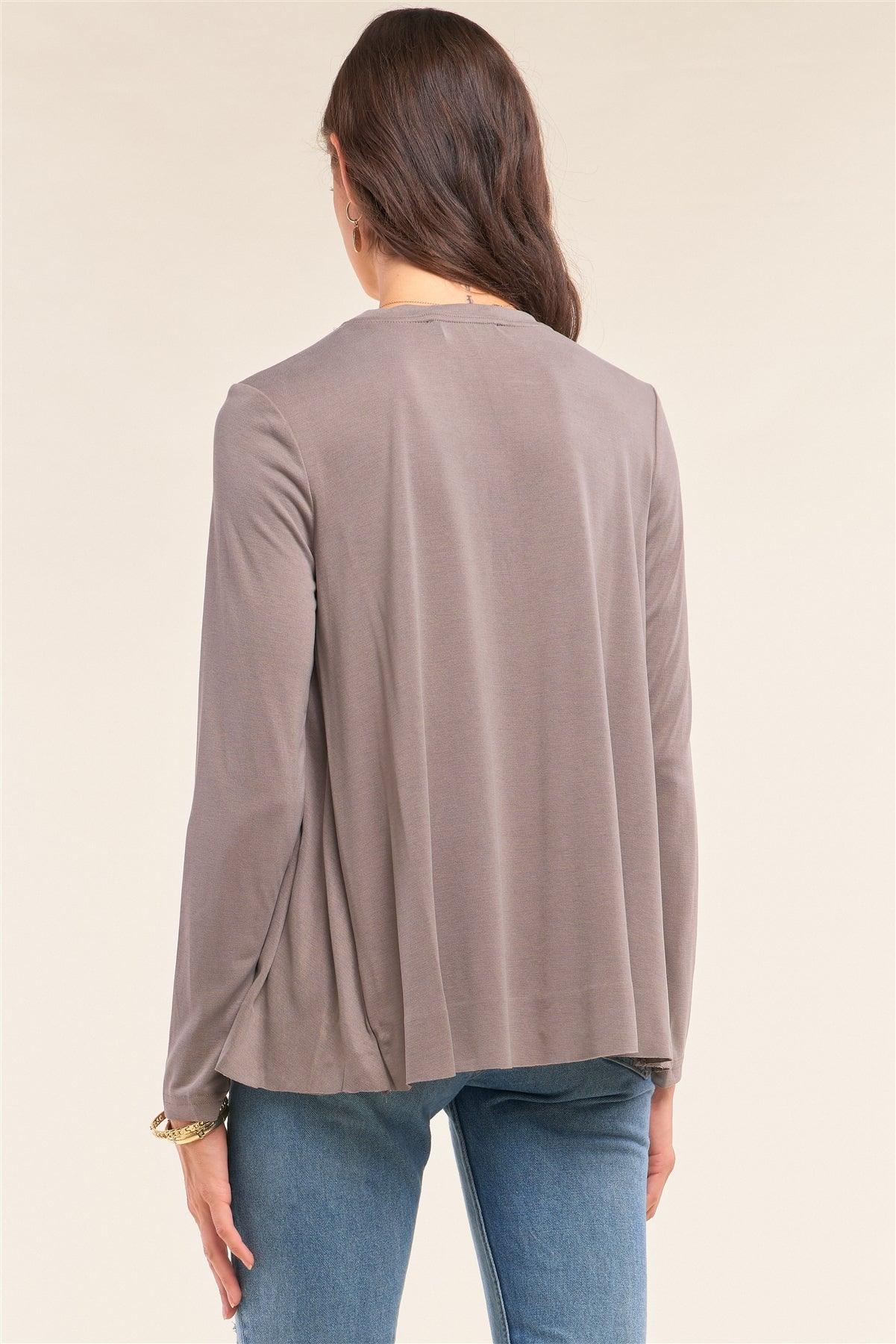 Stone Grey Loose Fit Long Sleeve Crew Neck Wrap Front Raw Hem Detail Top /1-2-2-1