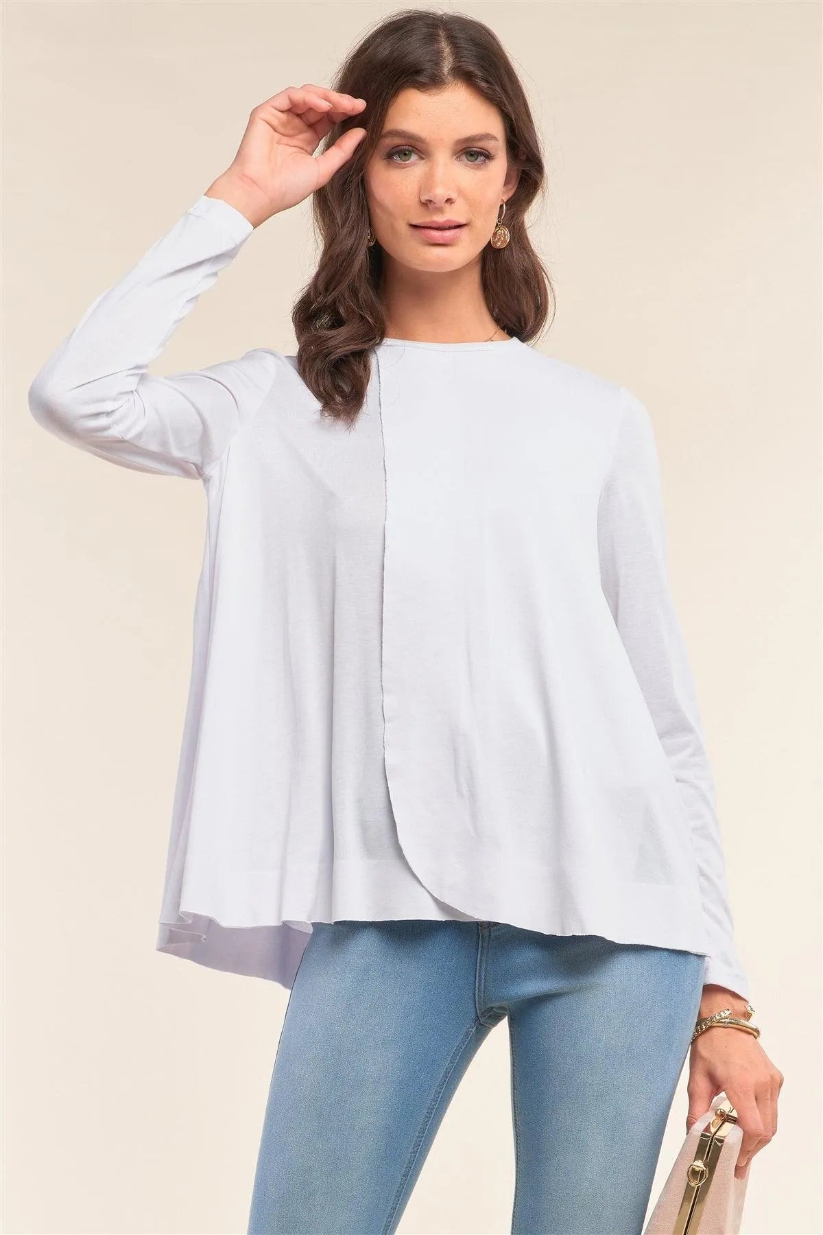 White Loose Fit Long Sleeve Crew Neck Wrap Front Raw Hem Detail Top /1-2-2-1 - Tasha Apparel Wholesale