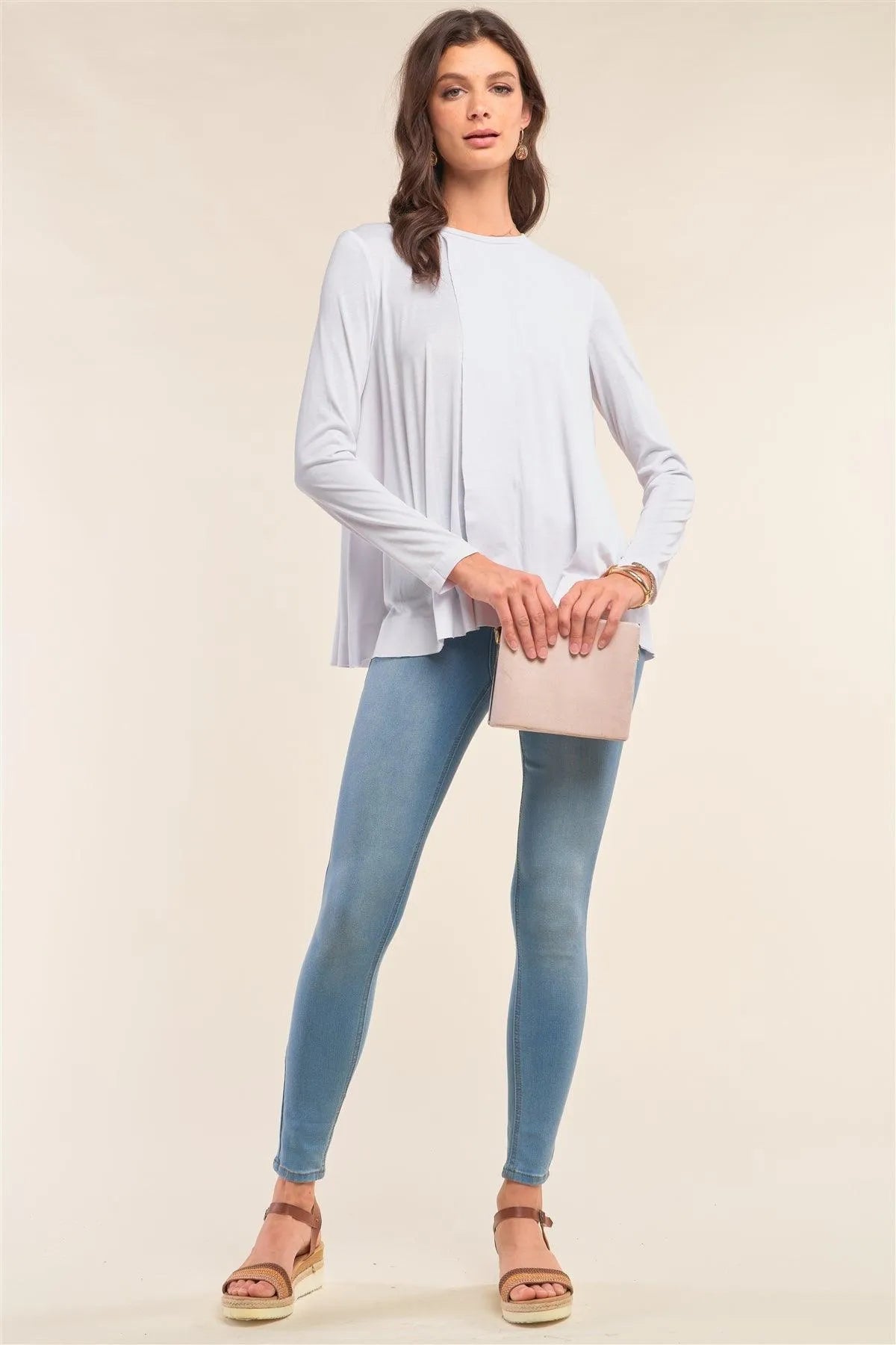 White Loose Fit Long Sleeve Crew Neck Wrap Front Raw Hem Detail Top /1-2-2-1 - Tasha Apparel Wholesale