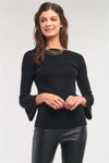 Black Ribbed Knit Boat Neck 3/4 Bell Sleeve Fitted Sweater /3-3 - Tasha Apparel Wholesale