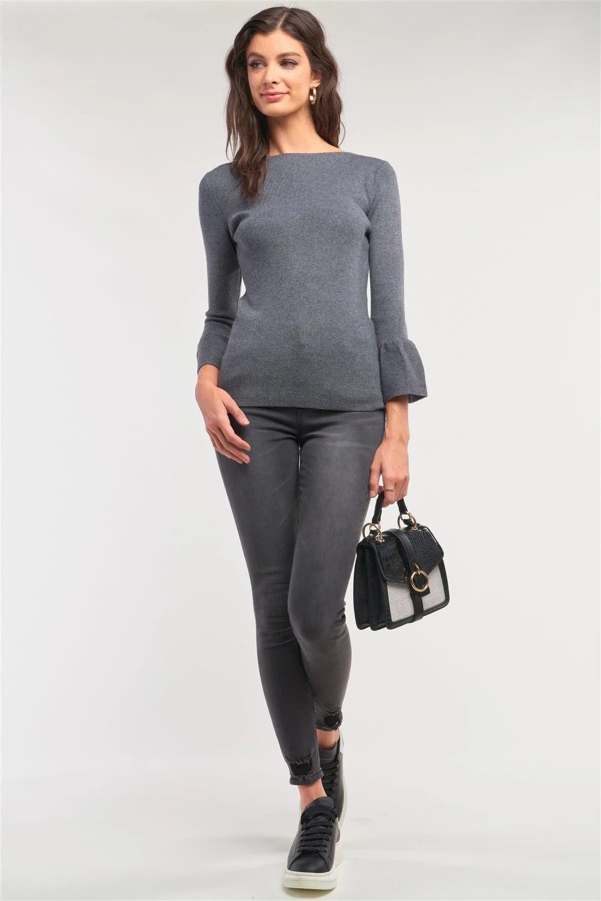 Black Ribbed Knit Boat Neck 3/4 Bell Sleeve Fitted Sweater /1-4 - Tasha Apparel Wholesale