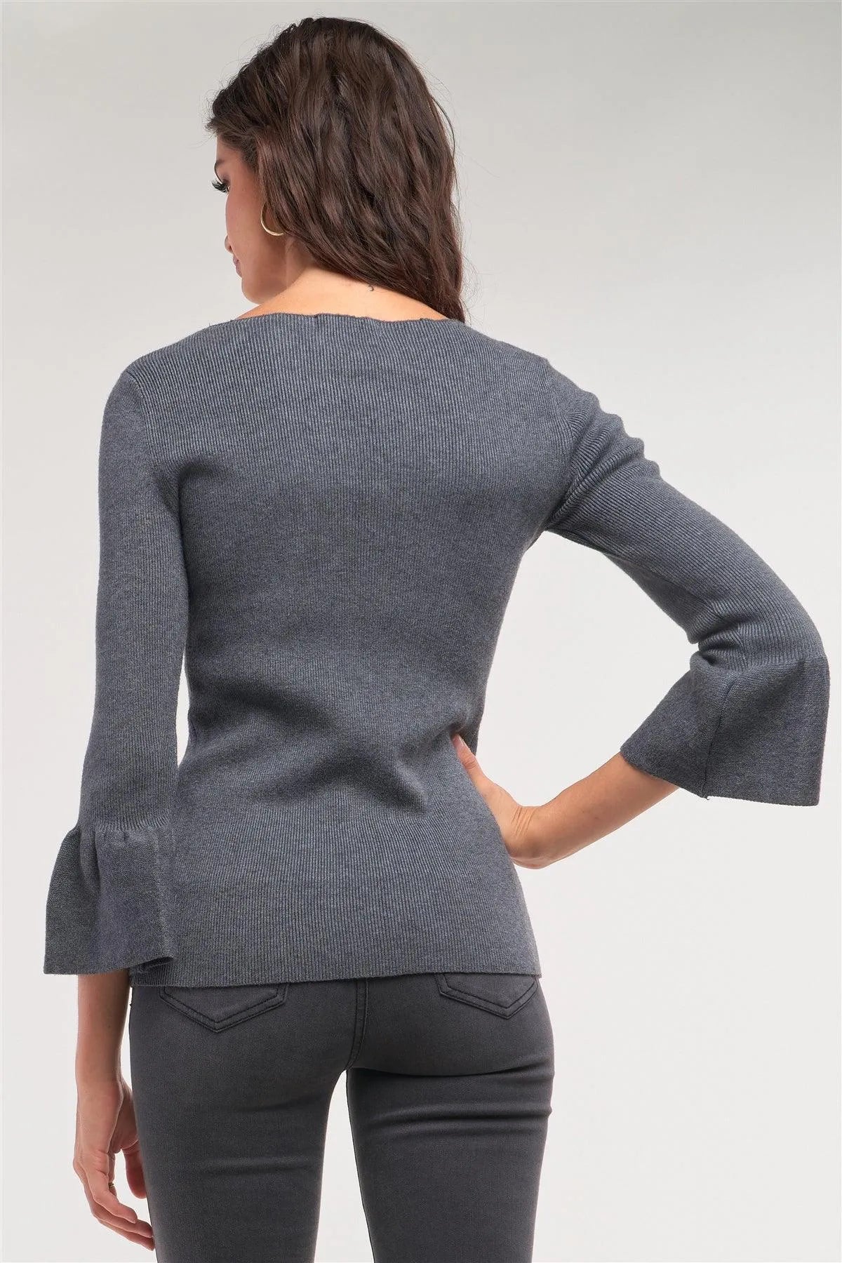 Black Ribbed Knit Boat Neck 3/4 Bell Sleeve Fitted Sweater /1-4 - Tasha Apparel Wholesale