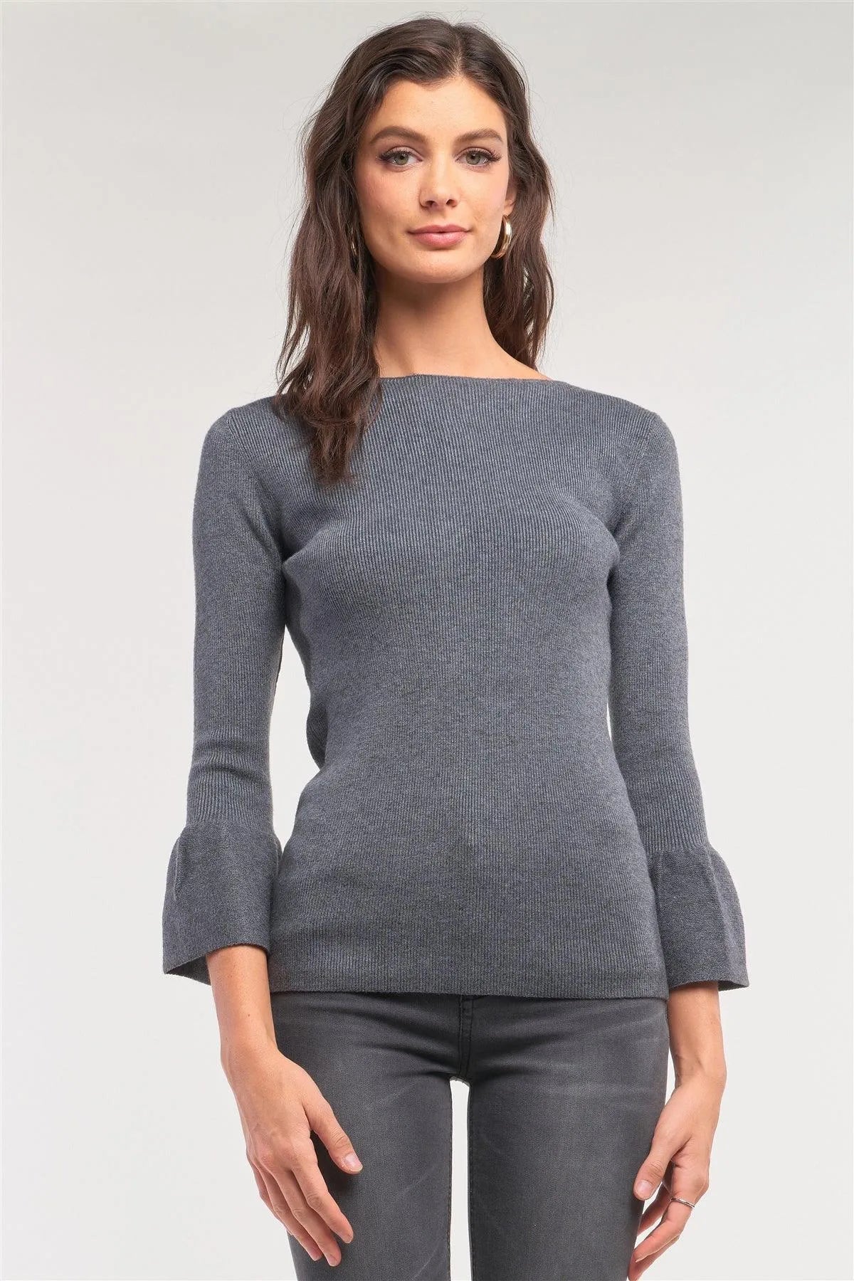 Black Ribbed Knit Boat Neck 3/4 Bell Sleeve Fitted Top - Tasha Apparel Wholesale