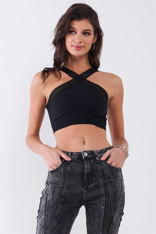 Black Sleeveless Sheer Net Halter Neck Stretchy Band Detail Crop Top /1-2-2-1 - Tasha Apparel Wholesale