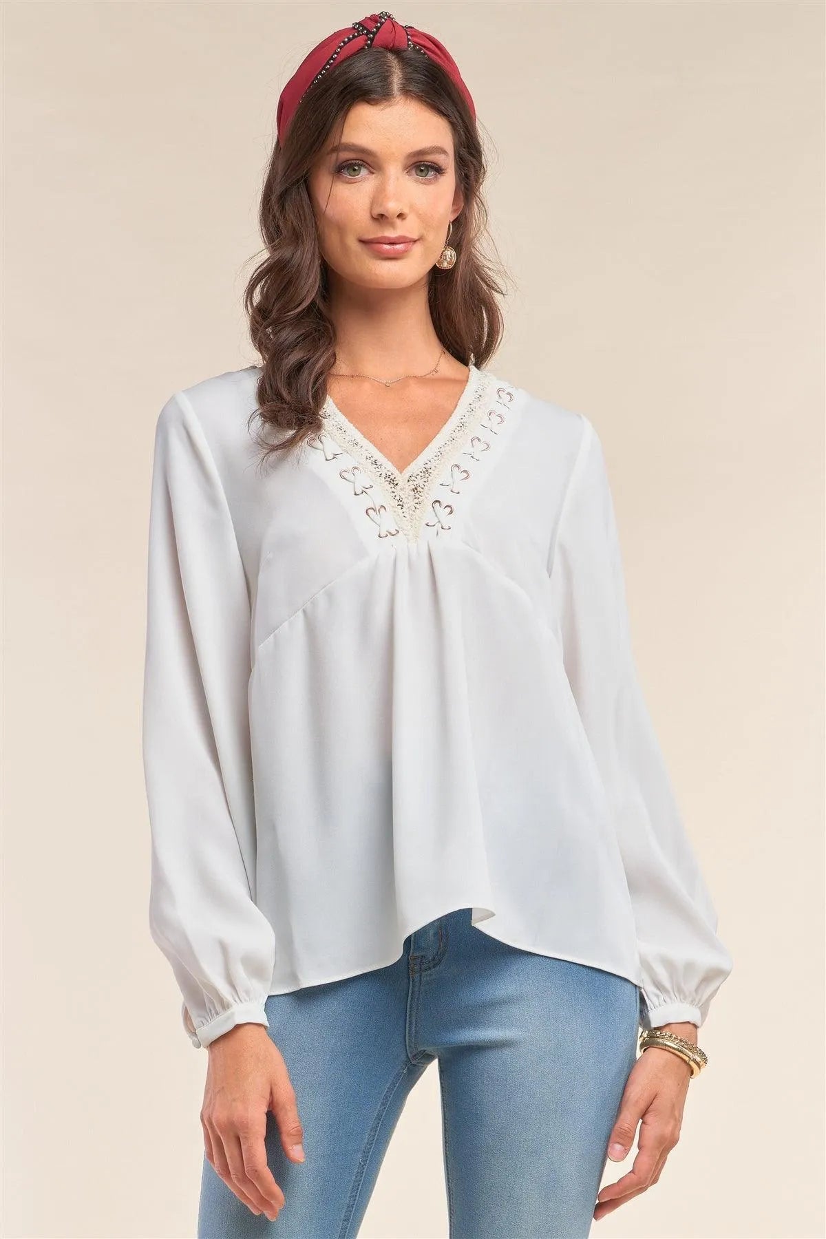 White Long Sleeve Relaxed Fit Criss-Cross Lace Up Crochet V-Neck Detail Blouse /1-2-2-1 - Tasha Apparel Wholesale