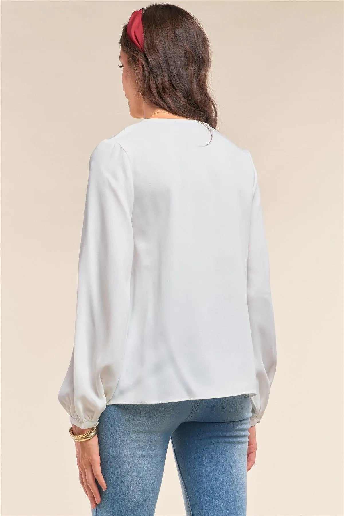 White Long Sleeve Relaxed Fit Criss-Cross Lace Up Crochet V-Neck Detail Blouse /1-2-2-1 - Tasha Apparel Wholesale