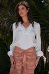 White Long Sleeve Relaxed Fit Criss-Cross Lace Up Crochet V-Neck Detail Blouse