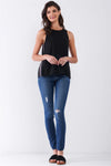Black Sleeveless Multicolor Sporty Sides Slit Stretchy Trim Detail Top /1-2-1 - Tasha Apparel Wholesale