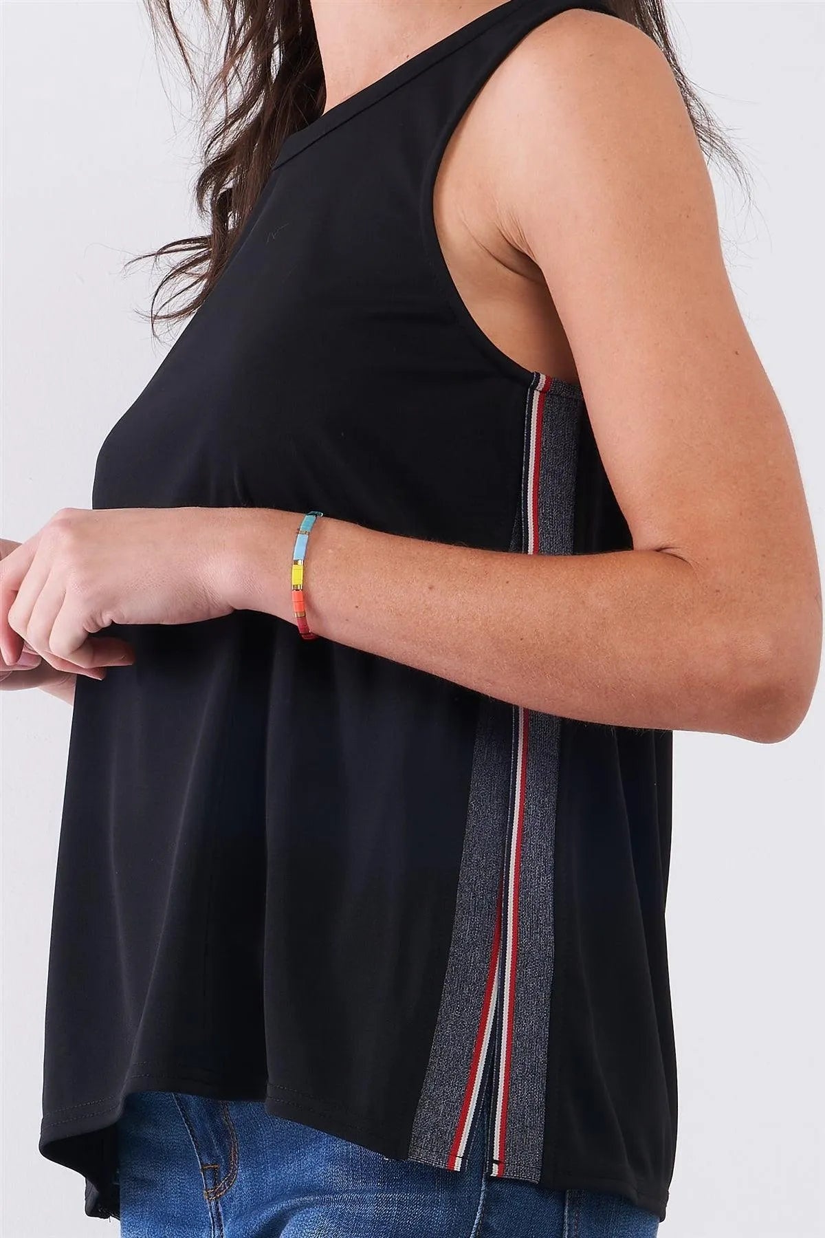 Black Sleeveless Multicolor Sporty Sides Slit Stretchy Trim Detail Top /1-2-1 - Tasha Apparel Wholesale