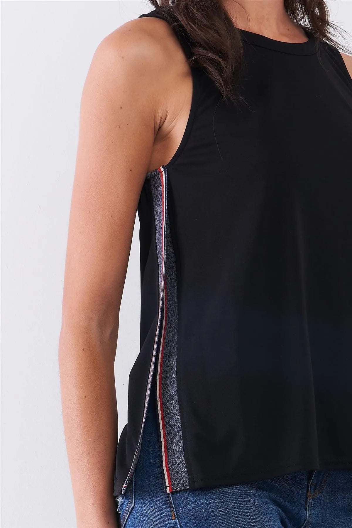 Black Sleeveless Multicolor Sporty Sides Slit Stretchy Trim Detail Top /1-2-1 - Tasha Apparel Wholesale