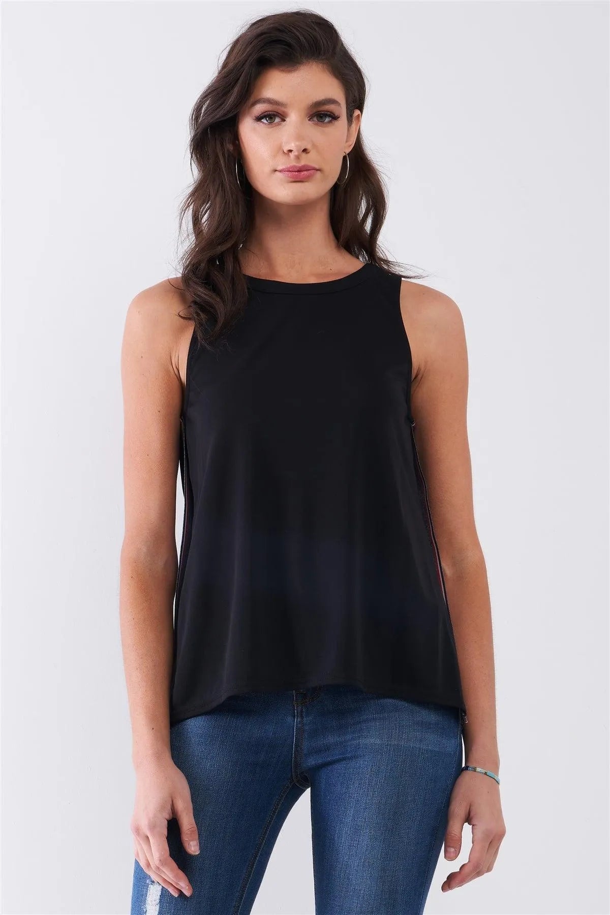Black Sleeveless Multicolor Sporty Sides Slit Stretchy Trim Detail Top /1-2-2-1 - Tasha Apparel Wholesale