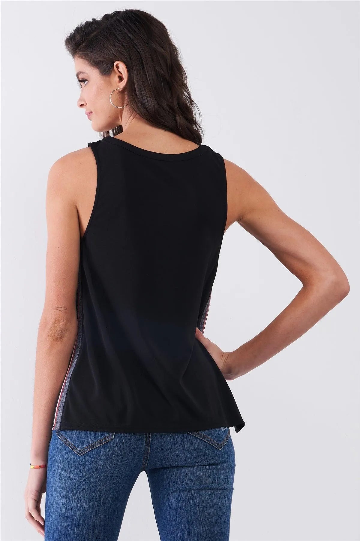 Black Sleeveless Multicolor Sporty Sides Slit Stretchy Trim Detail Top /1-2-2-1 - Tasha Apparel Wholesale