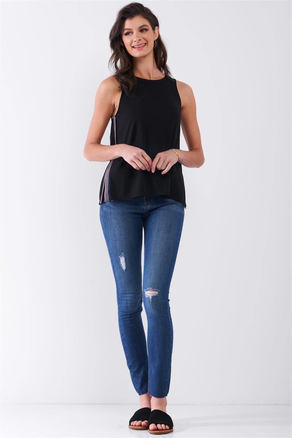 Black Sleeveless Multicolor Sporty Sides Slit Stretchy Trim Detail Top /1-2-2-1 - Tasha Apparel Wholesale