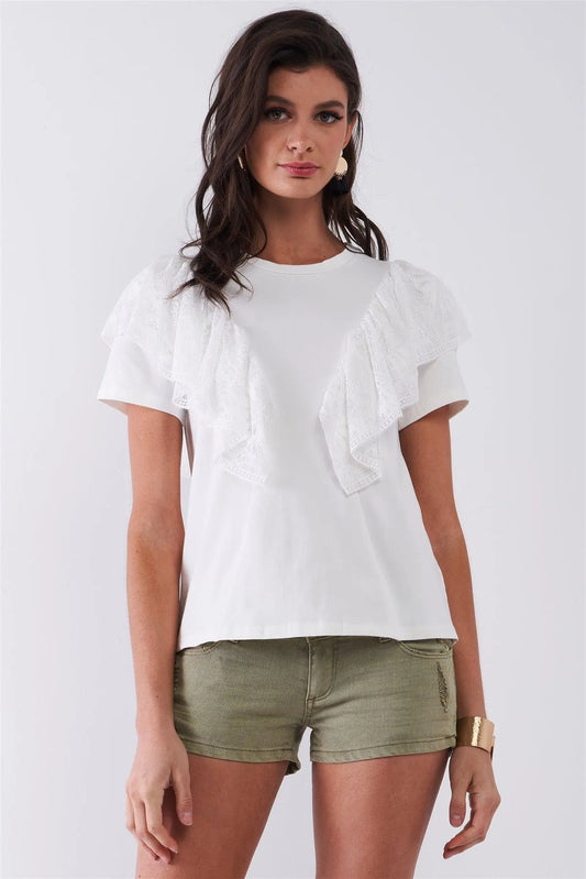 White Short Sleeve Crew Neck Ruffle Lace Trim Detail T-Shirt Top /1-2-2-1 - Tasha Apparel Wholesale