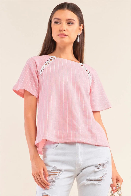 Pink&White Striped Bootlace Loop Chest Detail Self-Tie Back Relaxed Fit Shirt /1-2-2-1 - Tasha Apparel Wholesale
