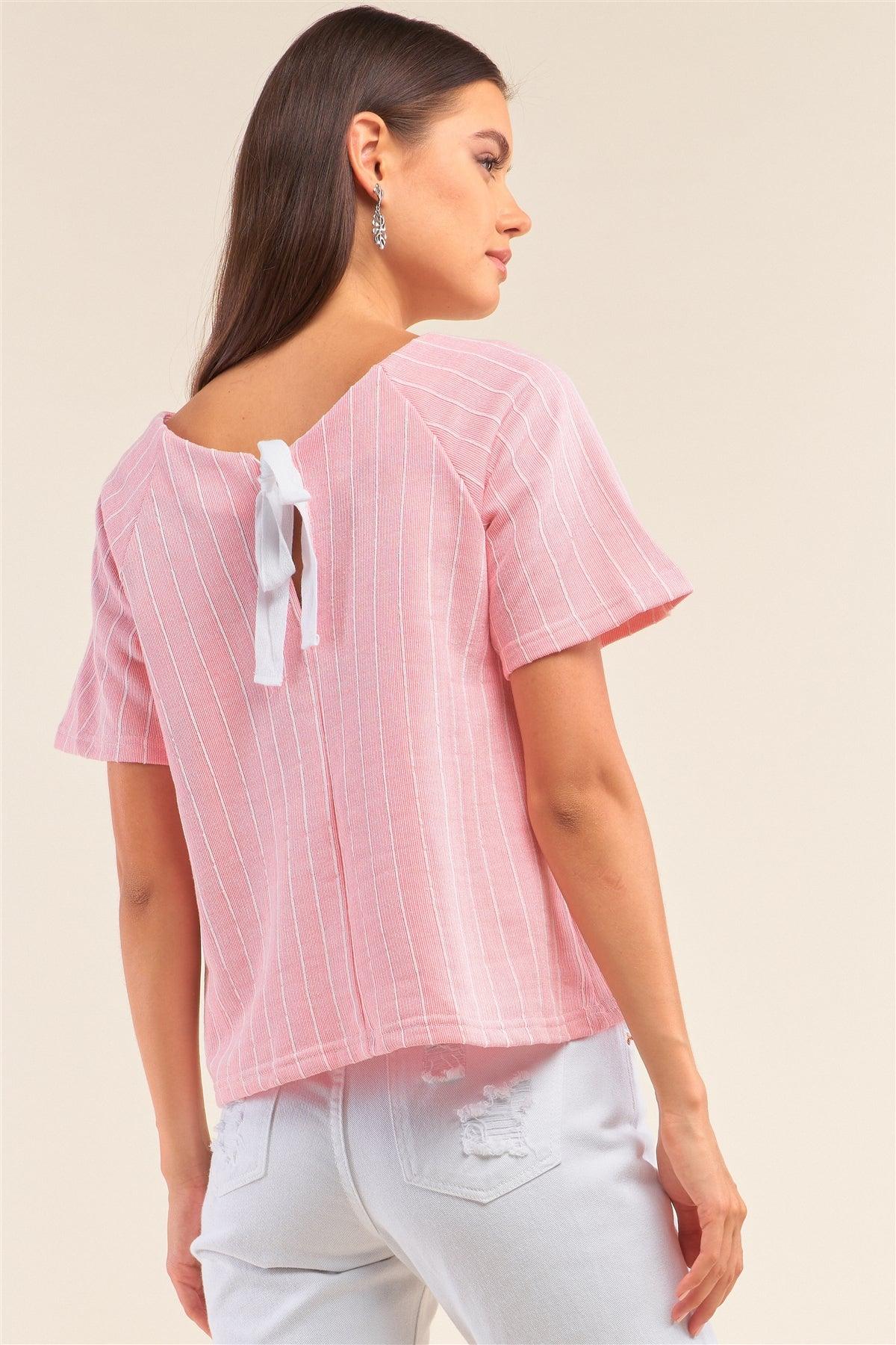 Pink&White Striped Bootlace Loop Chest Detail Self-Tie Back Relaxed Fit Shirt /1-2-2-1
