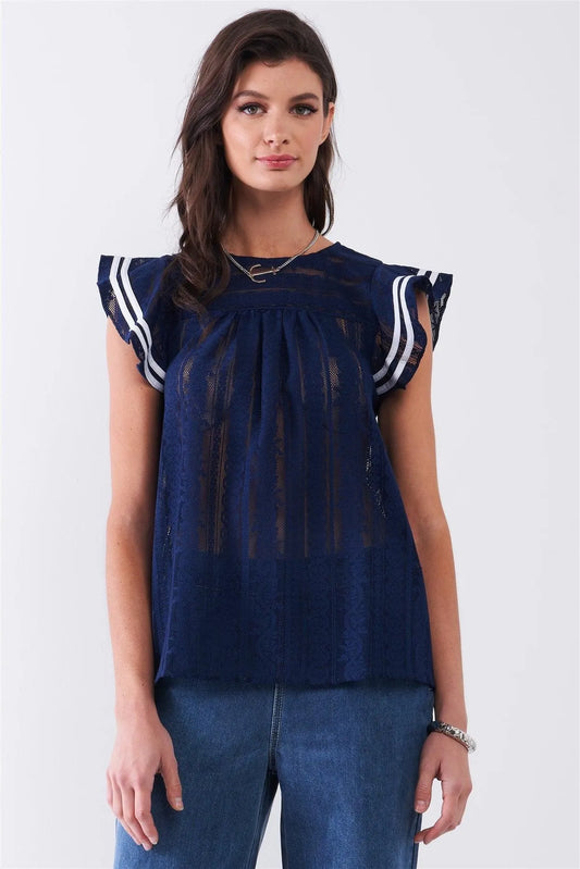 Navy Sheer Lace Mesh Round Neck Striped Frill Shoulder Detail Relaxed Top /1-2-2-1 - Tasha Apparel Wholesale
