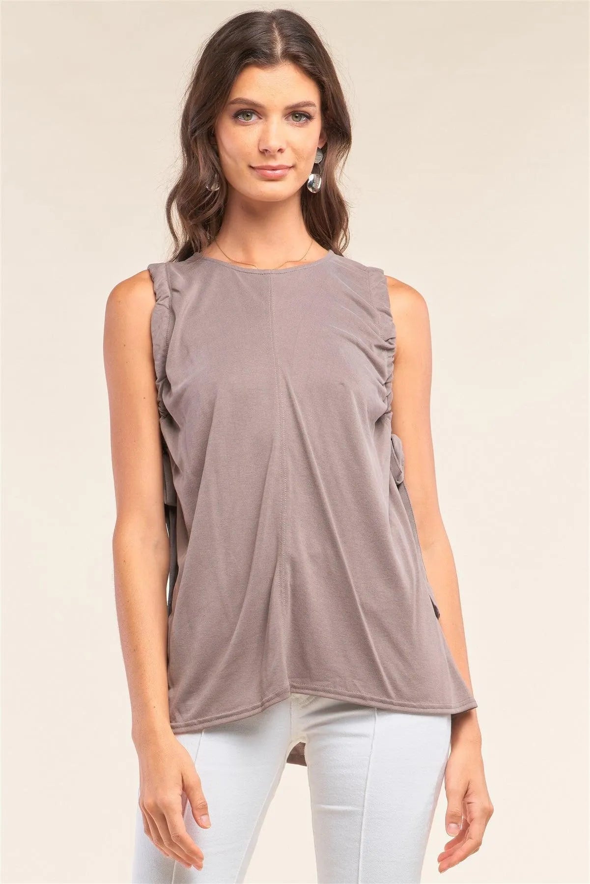 Stone Gray Sleeveless Drawstring Detail Crew Neck Relaxed Fit Tunic Top /2-2-1 - Tasha Apparel Wholesale