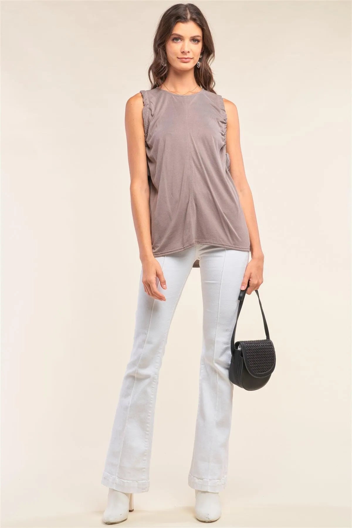 Stone Gray Sleeveless Drawstring Detail Crew Neck Relaxed Fit Tunic Top /2-2-1 - Tasha Apparel Wholesale