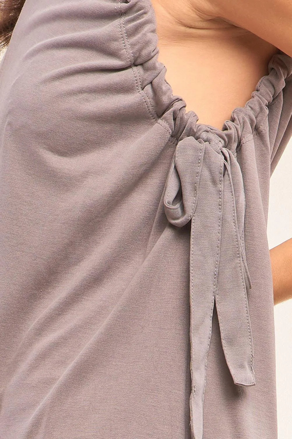 Stone Gray Sleeveless Drawstring Detail Crew Neck Relaxed Fit Tunic Top /2-2-1 - Tasha Apparel Wholesale