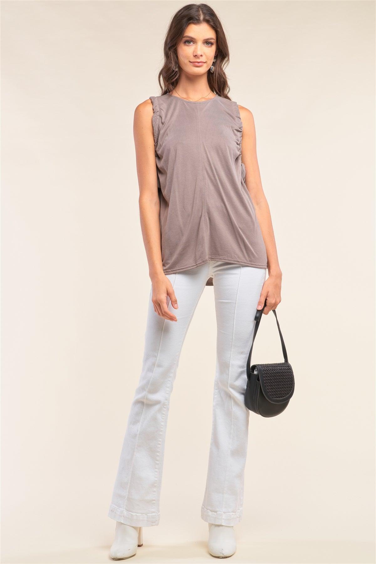 Stone Gray Sleeveless Drawstring Detail Crew Neck Relaxed Fit Tunic Top