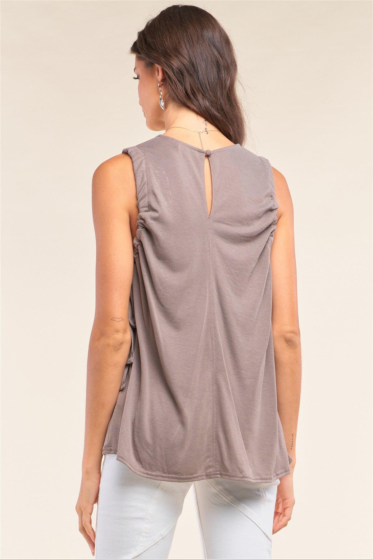Stone Gray Sleeveless Drawstring Detail Crew Neck Relaxed Fit Tunic Top