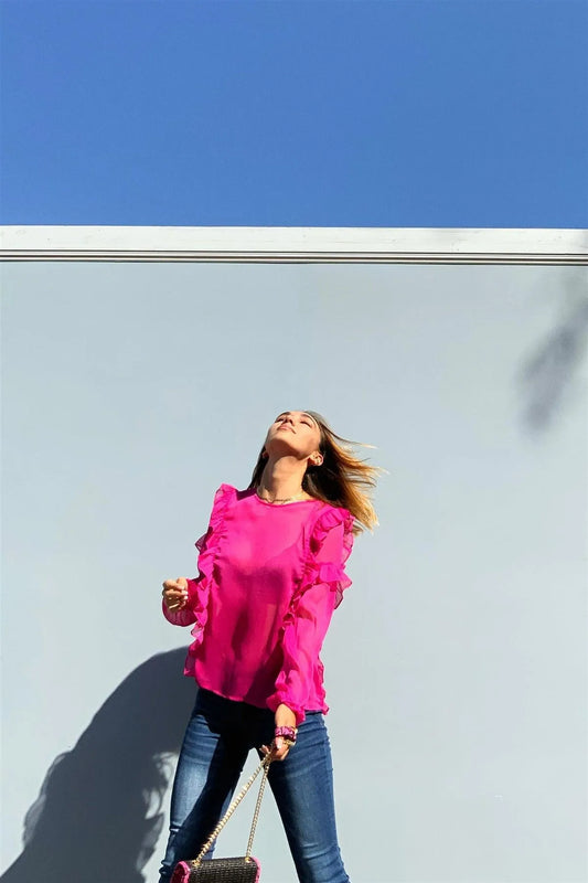 Fuchsia Tulle Mesh Round Neck Ruffle Detail Long Balloon Sleeve Blouse /1-2-2-1 - Tasha Apparel Wholesale