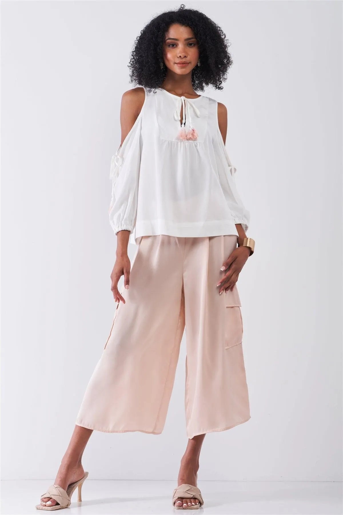 White Boho Cold Shoulder Balloon Sleeve Tassel Tie Neck Detail Relaxed Country Blouse Top /2-2-1 - Tasha Apparel Wholesale
