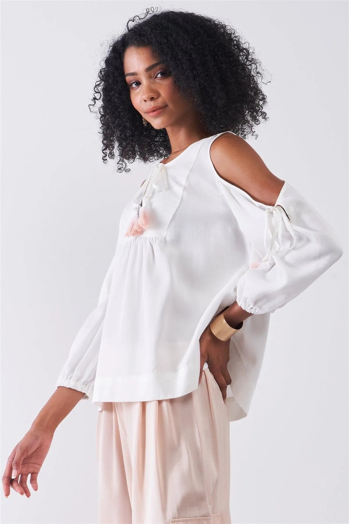 White Boho Cold Shoulder Balloon Sleeve Tassel Tie Neck Detail Relaxed Country Blouse Top /2-2-1 - Tasha Apparel Wholesale