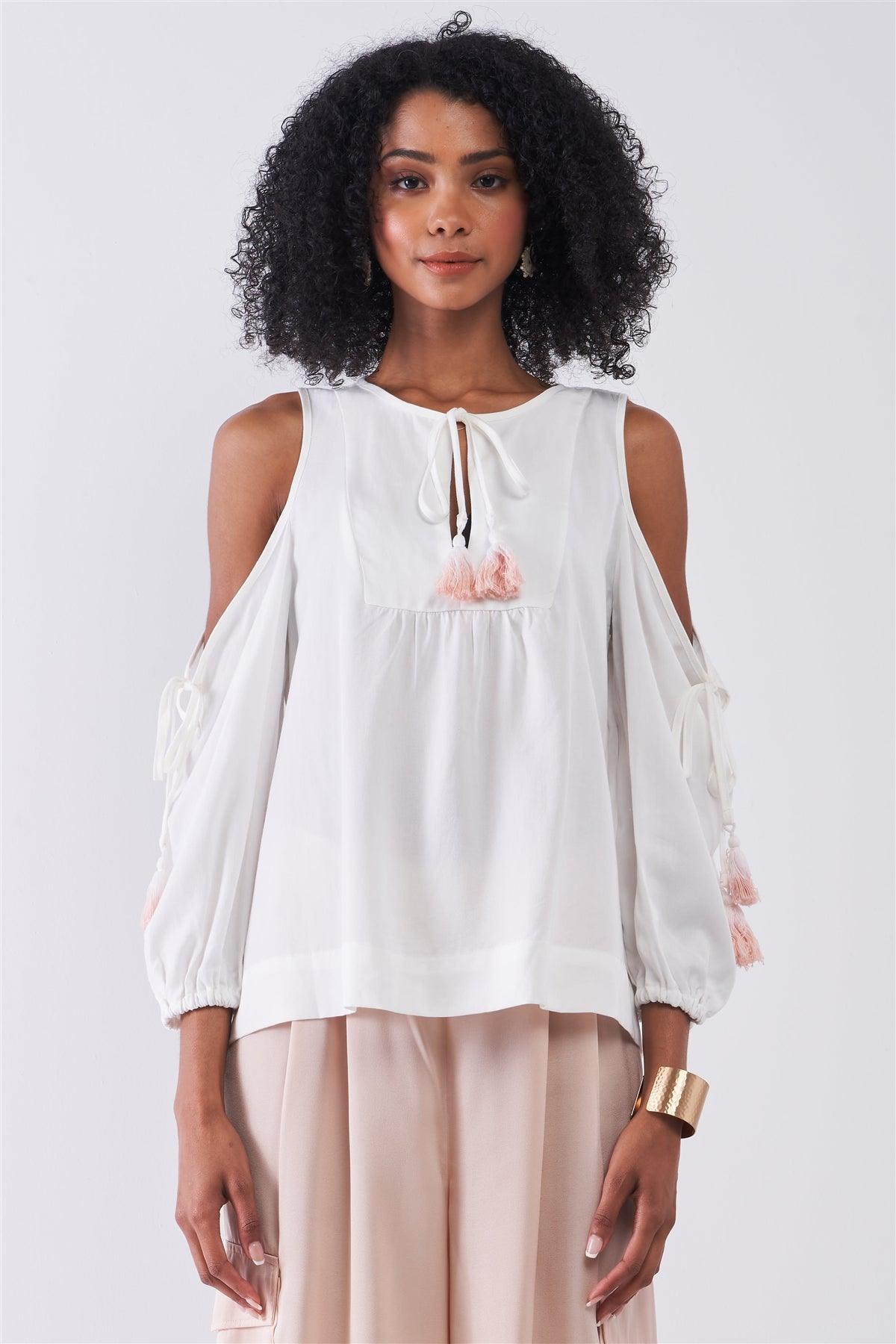 White Boho Cold Shoulder Balloon Sleeve Tassel Tie Neck Detail Relaxed Country Blouse Top /2-2-1