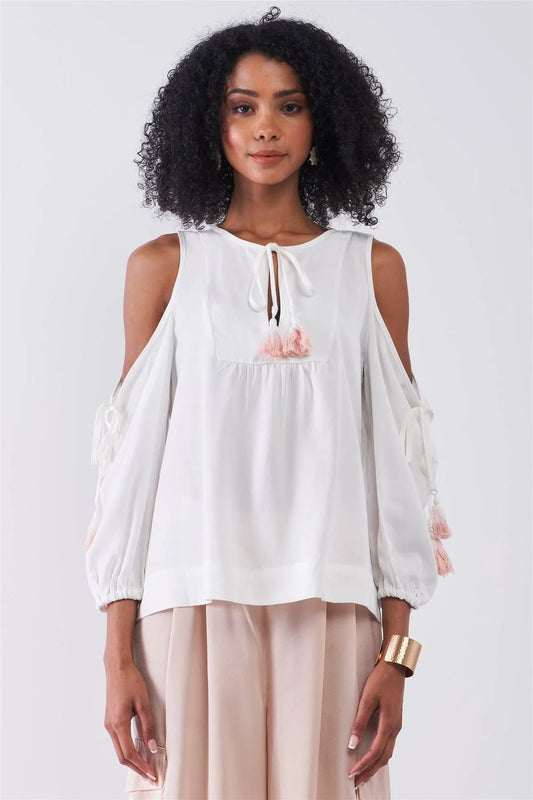 White Boho Cold Shoulder Balloon Sleeve Tassel Tie Neck Detail Relaxed Country Blouse Top /1-2-2-1 - Tasha Apparel Wholesale