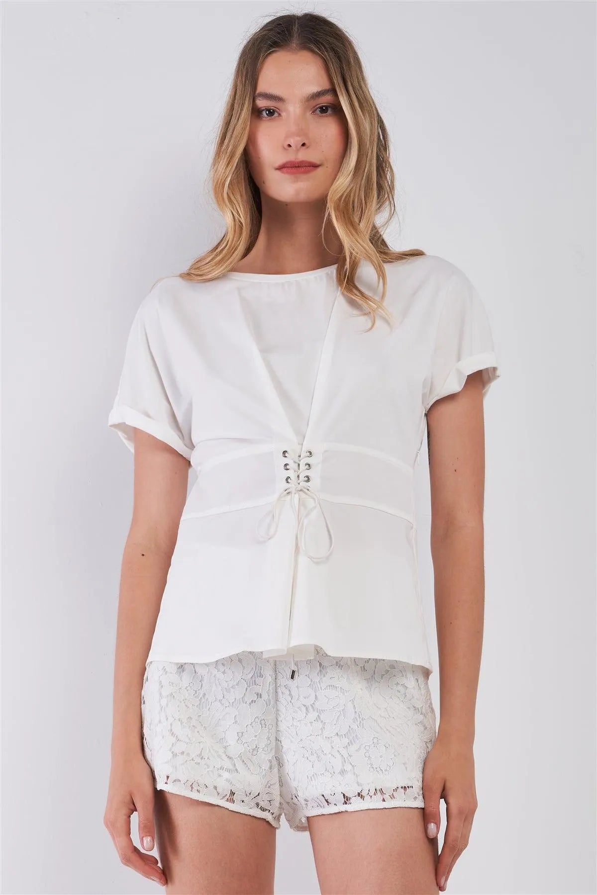 White Short Sleeve Corset Belt Lace-Up Front Detail Flare Tee /1-2-2-1 - Tasha Apparel Wholesale