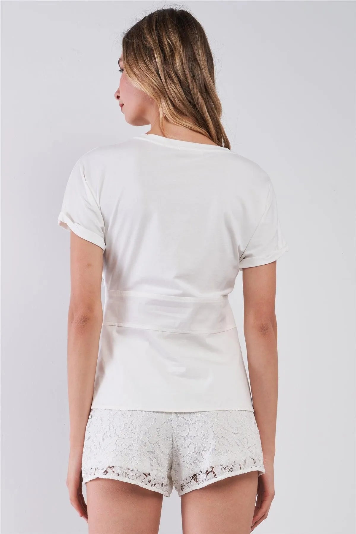 White Short Sleeve Corset Belt Lace-Up Front Detail Flare Tee /1-2-2-1 - Tasha Apparel Wholesale