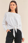 White Eyelet Embroidery Long Sleeve Front Self-Tie Hem Detail Sweater /1-2-2-1 - Tasha Apparel Wholesale