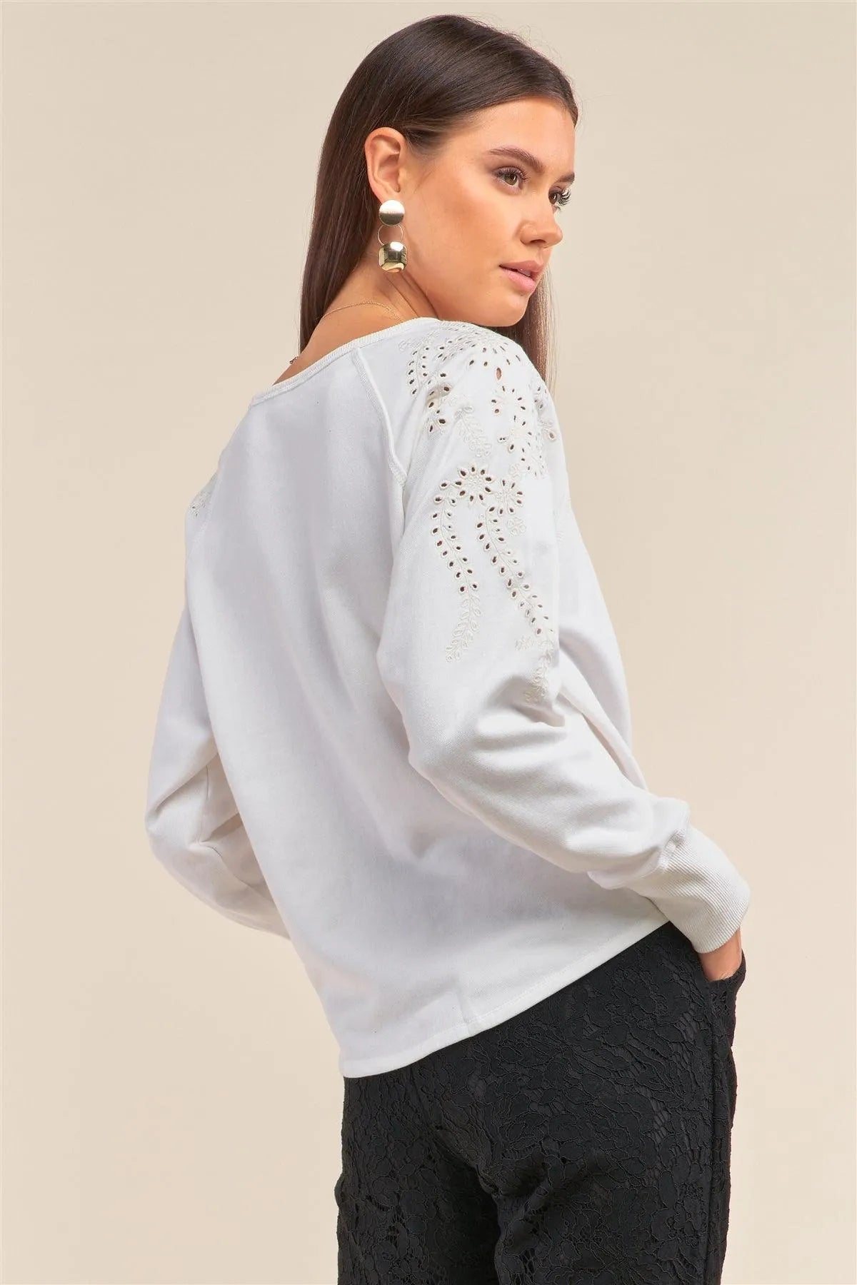 White Eyelet Embroidery Long Sleeve Front Self-Tie Hem Detail Sweater /1-2-2-1 - Tasha Apparel Wholesale