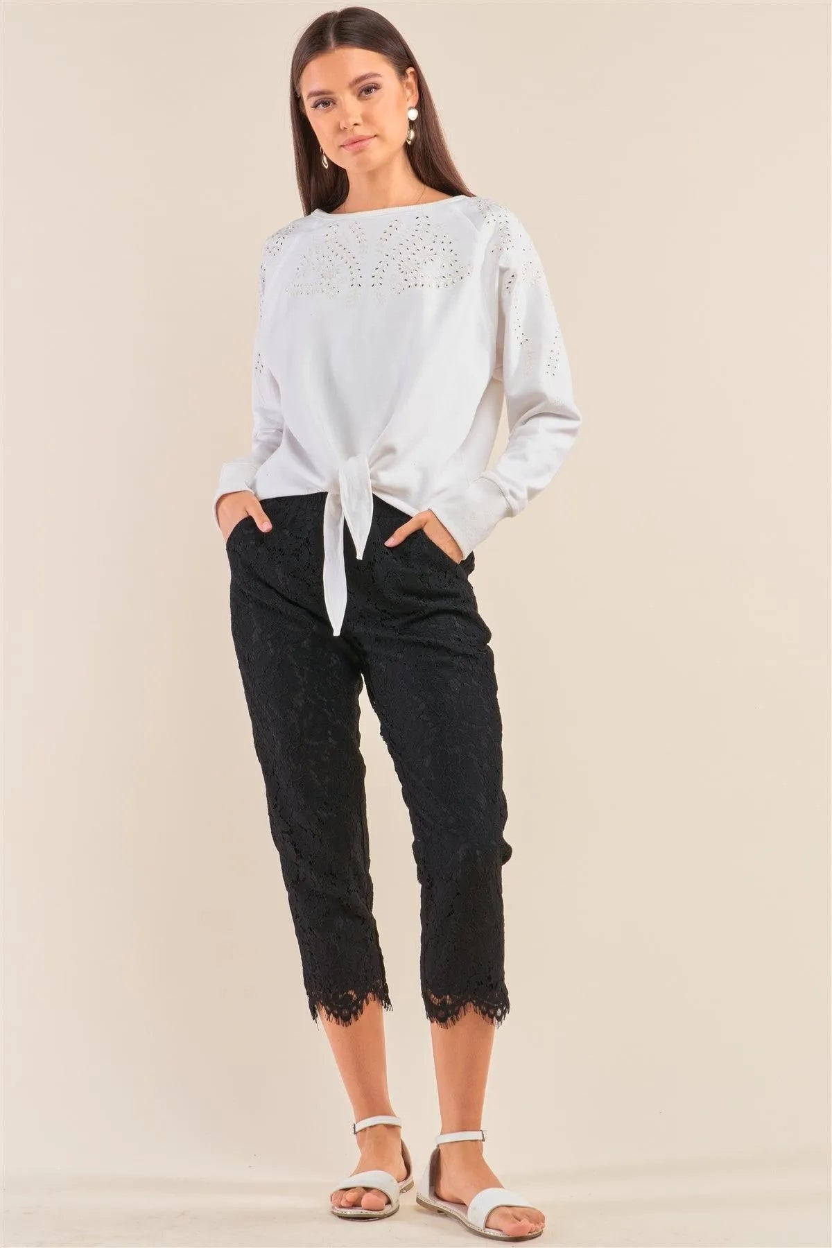 White Eyelet Embroidery Long Sleeve Front Self-Tie Hem Detail Sweater /1-2-2-1 - Tasha Apparel Wholesale