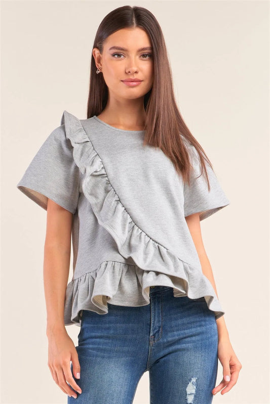 Heather Grey Short Sleeve Crew Neck Asymmetrical Ruffled Top /3-2 - Tasha Apparel Wholesale