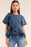 Slate Blue Short Sleeve Crew Neck Asymmetrical Ruffled Top /1-2-2-1 - Tasha Apparel Wholesale