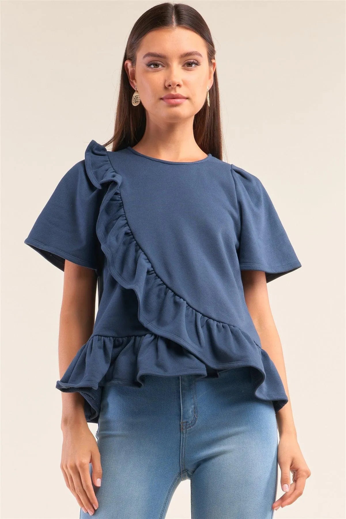 Slate Blue Short Sleeve Crew Neck Asymmetrical Ruffled Top /1-2-2-1 - Tasha Apparel Wholesale