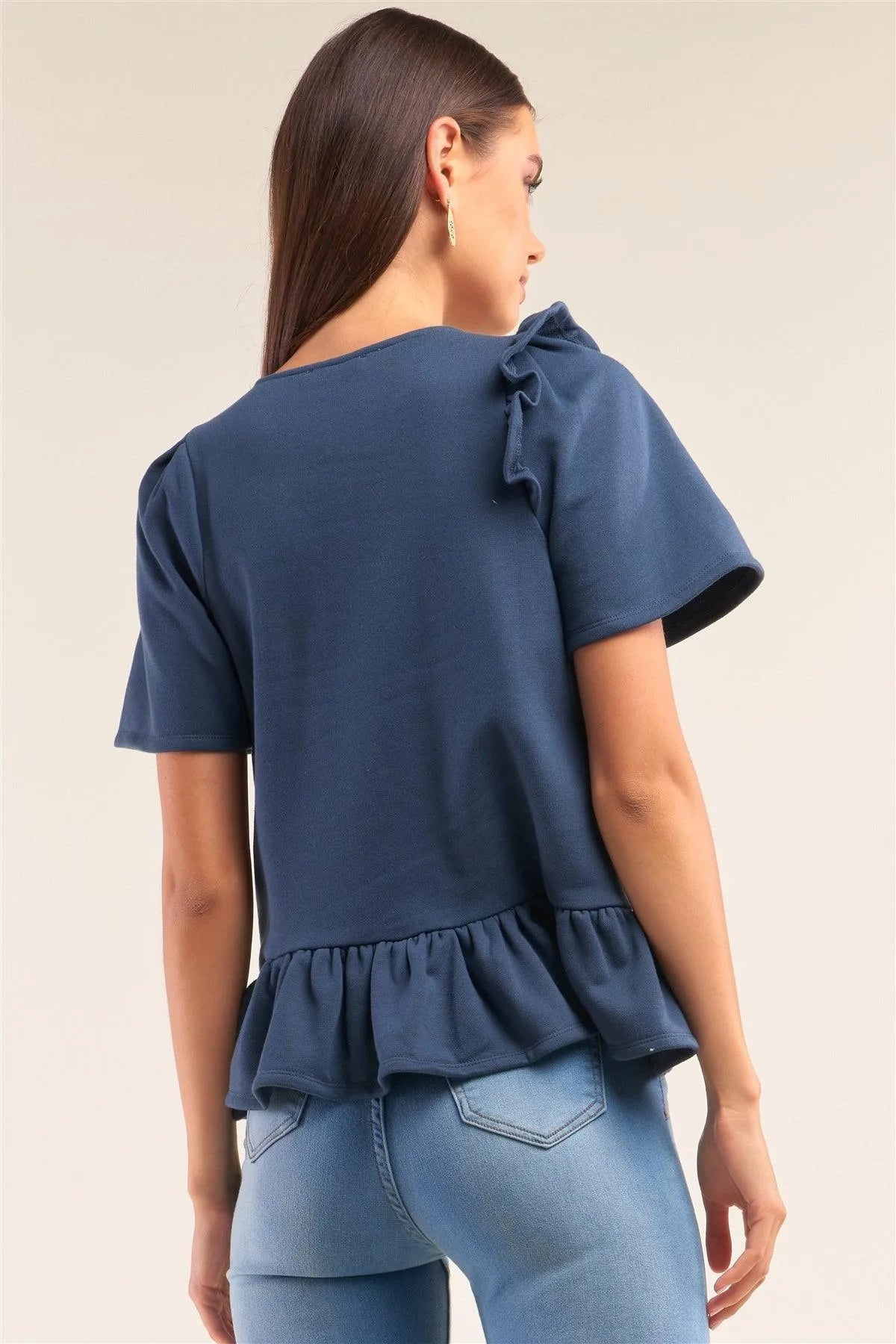 Slate Blue Short Sleeve Crew Neck Asymmetrical Ruffled Top /1-2-2-1 - Tasha Apparel Wholesale