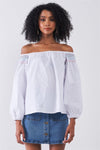 White Multi Shoulder Stitches Off-The-Shoulder Long Balloon Sleeve Top /1-1-2-1