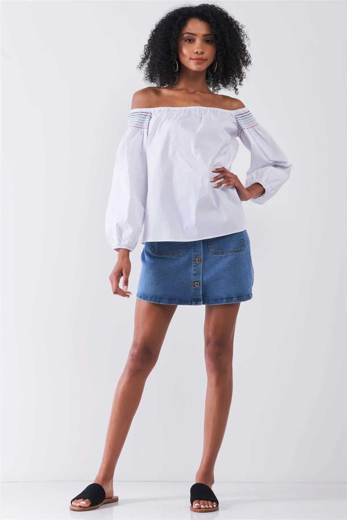 White Multi Shoulder Stitches Off-The-Shoulder Long Balloon Sleeve Top /1-2-2-1 - Tasha Apparel Wholesale