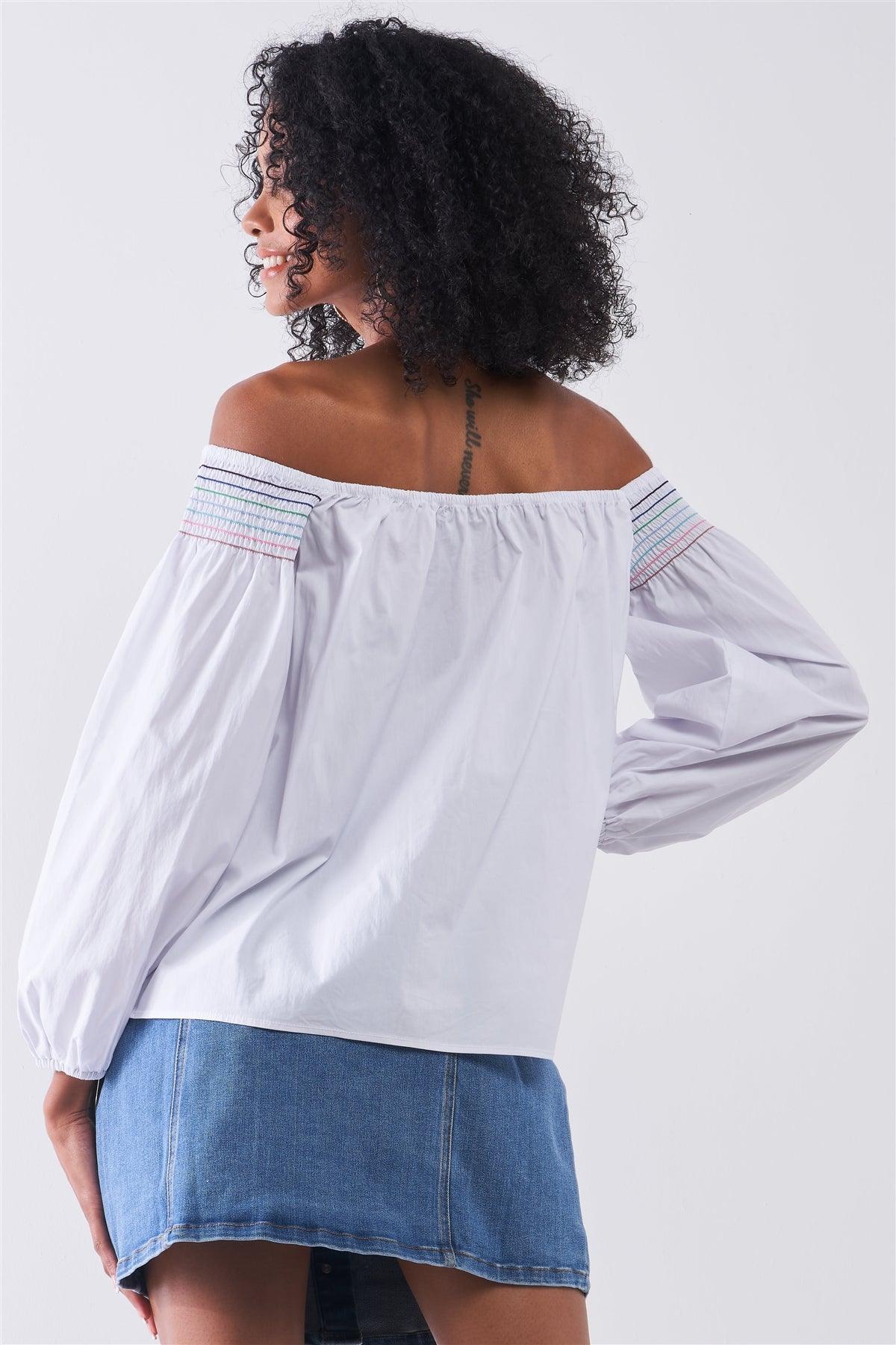 White Multi Shoulder Stitches Off-The-Shoulder Long Balloon Sleeve Top /1-2-2-1