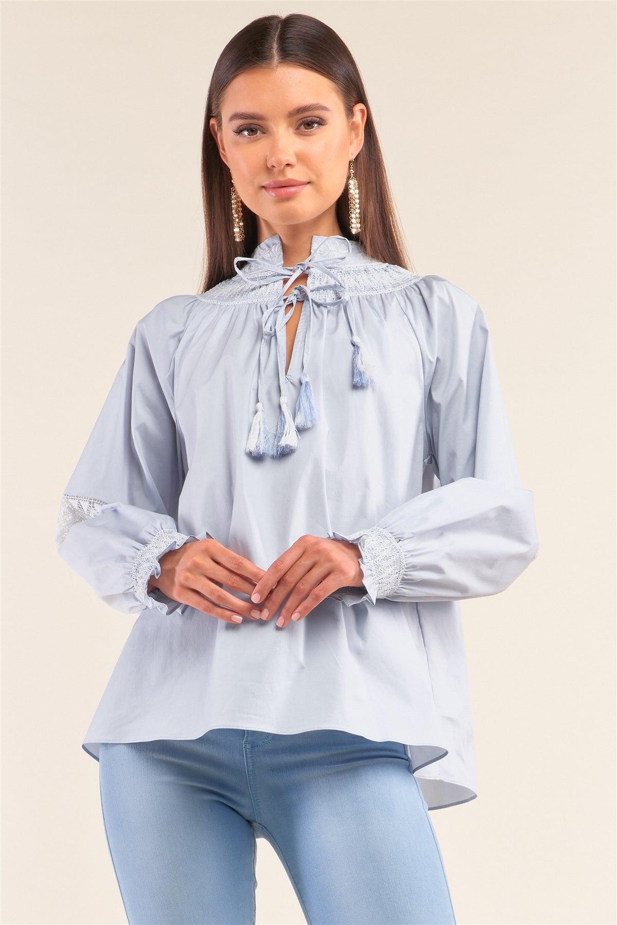 Dreamy Blue Slavic Inspired Crochet Embroidery Detail Long Balloon Sleeve Tassel Draw String Tie Loose Fit Blouse /1-2-2-1