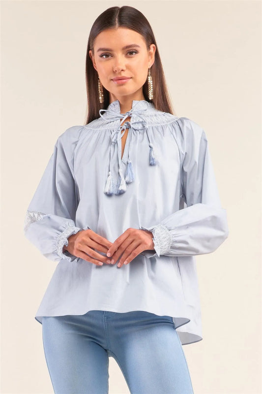 Dreamy Blue Slavic Inspired Crochet Embroidery Detail Long Balloon Sleeve Tassel Draw String Tie Loose Fit Blouse /1-2-2-1 - Tasha Apparel Wholesale
