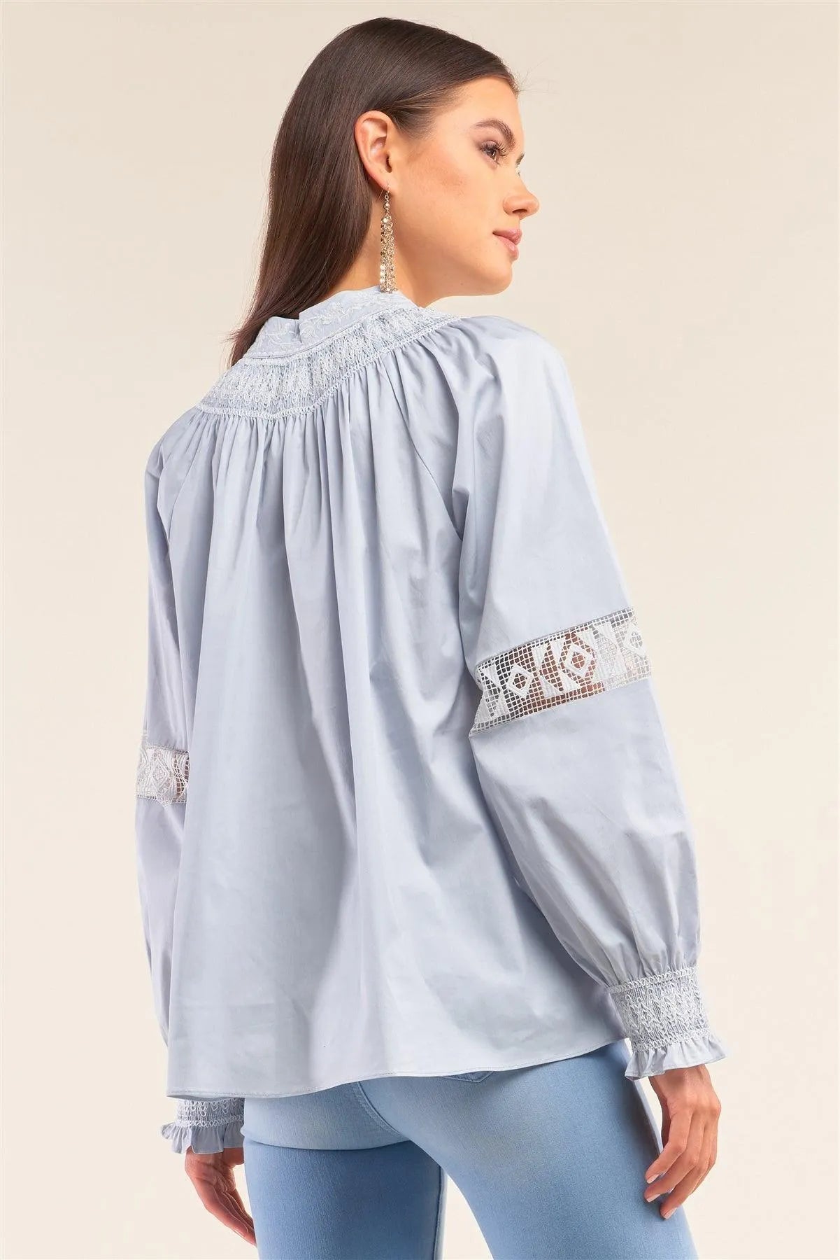 Dreamy Blue Slavic Inspired Crochet Embroidery Detail Long Balloon Sleeve Tassel Draw String Tie Loose Fit Blouse /1-2-2-1 - Tasha Apparel Wholesale