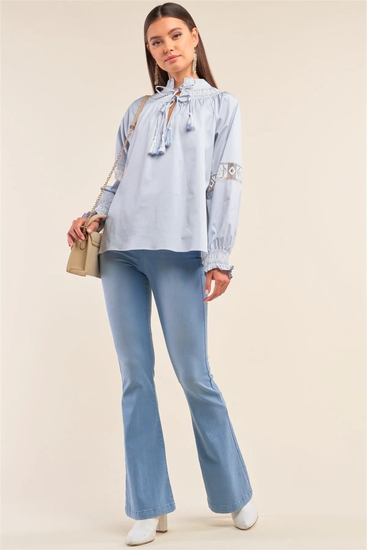 Dreamy Blue Slavic Inspired Crochet Embroidery Detail Long Balloon Sleeve Tassel Draw String Tie Loose Fit Blouse /1-2-2-1 - Tasha Apparel Wholesale