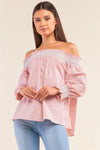 Boho Pink Off-The-Shoulder Slavic Inspired Crochet Embroidery Detail Long Balloon Sleeve Frill Hem Loose Fit Blouse /1-2-2-1 - Tasha Apparel Wholesale